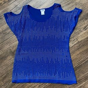 Charming Charlie SZ S Cold Shoulder Shear Sequined Front TShirt back Royal Blue